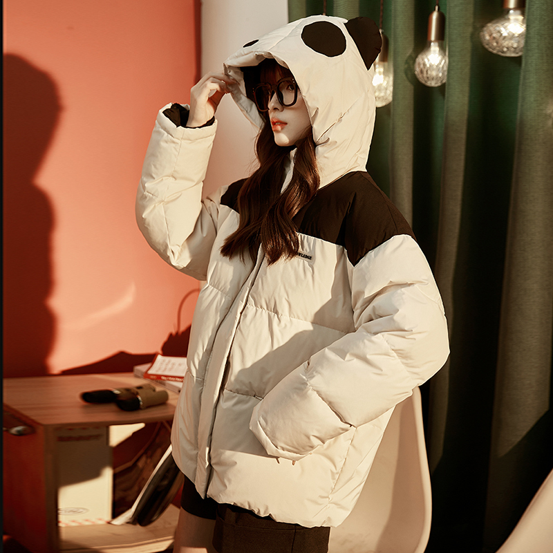 唐狮冬装新款女羽绒服短款连帽撞色拼接设计感小众保暖厚外套