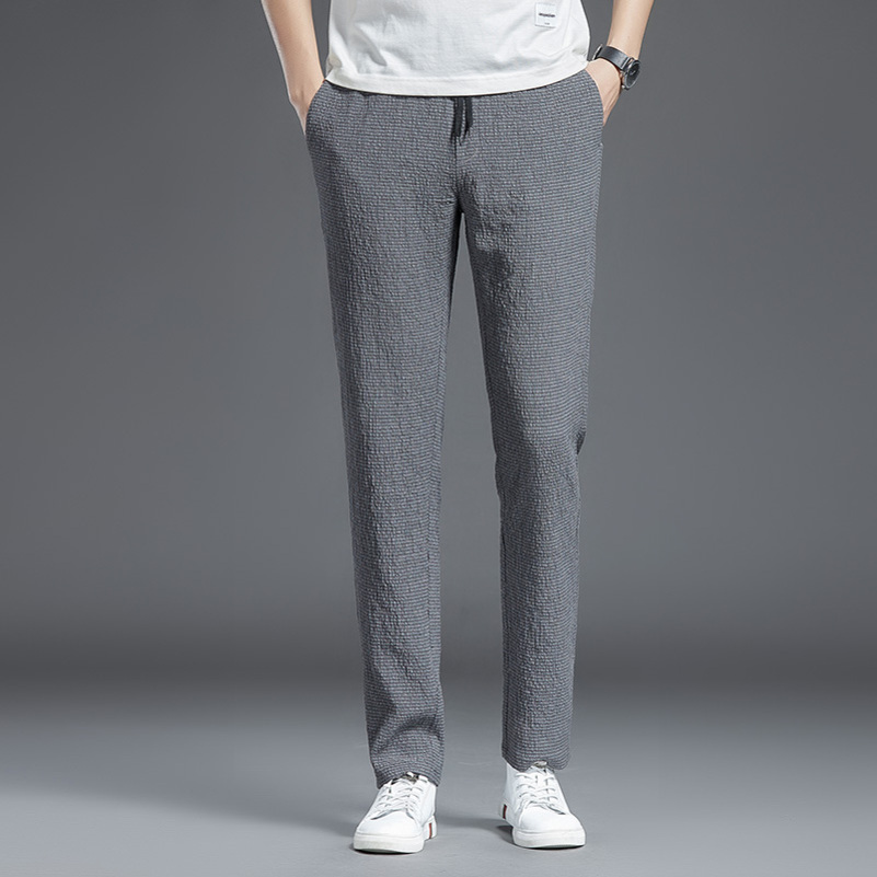 薄款冰丝凉爽休闲裤男士褶皱肌理纹松紧腰长裤子夏季直筒潮流男高清大图