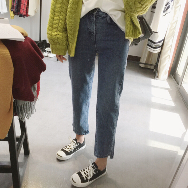春装女装韩版宽松复古显瘦不规则直筒裤百搭九分裤学生浅色牛仔裤图片色
