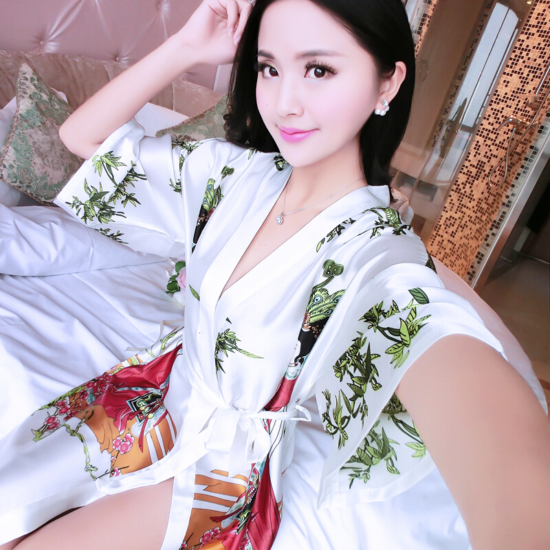 薄款睡衣女春秋夏季性感睡袍女式浴袍情趣家居服短袖玫红杨柳均码(85-145斤)