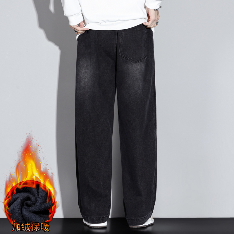 男士牛仔裤冬季热力绒舒适长裤男春秋新款宽松阔腿加绒裤男生高清大图