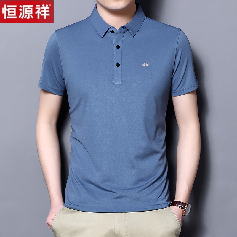 恒源祥夏季中年男士短袖T恤翻领丝光棉POLO衫宽松半袖冰丝男上衣高清大图