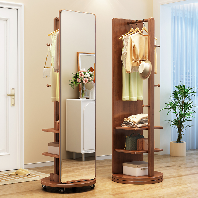 实木全身镜落地镜家用卧室可旋转移动穿衣镜带挂衣架一体试衣镜子