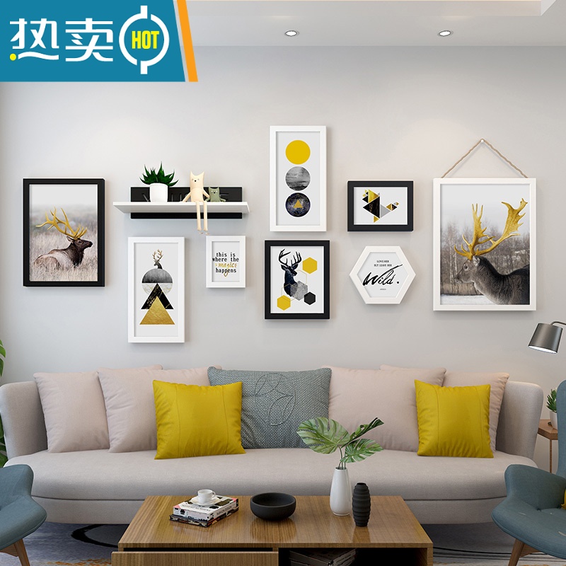 敬平北欧客厅装饰画沙发背景墙钟表画餐厅墙面墙壁画卧室房间床头挂画装饰画 麋鹿+黑白常规款 占墙面积165*97cm实木20mm厚板组合一套价