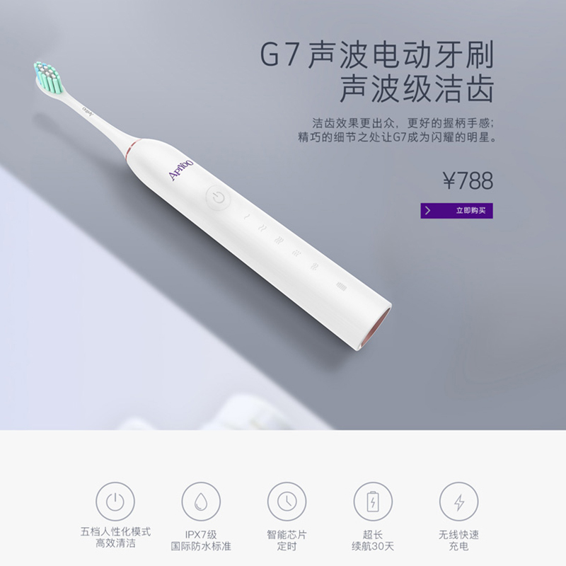 ApiYoo 荷兰艾优成人电动牙刷 G7 声波震动 充电式牙刷 情侣款男女通用(自带2支刷头) 黑色