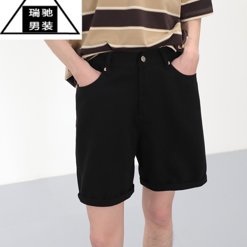 希杰狮王简约百搭直筒纯黑色牛仔短裤男夏季潮流休闲五分裤子男士中裤