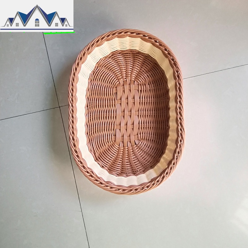 仿藤收纳编织篮水果篮面包筐零食点心篮椭圆形手工塑料藤编篮筐 三维工匠收纳篮 咖啡色40*30*7