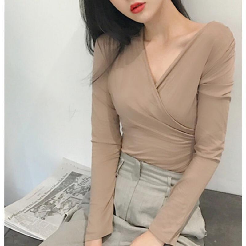 韩风纯色气质性感交叉V领长袖T恤修身显瘦休闲基础上衣女浅卡均码