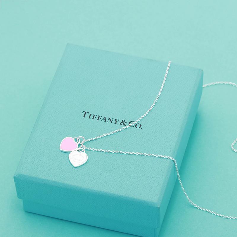tiffany蒂芙尼粉心蓝心红心珐琅双心系列心形吊坠项链925银锁骨链
