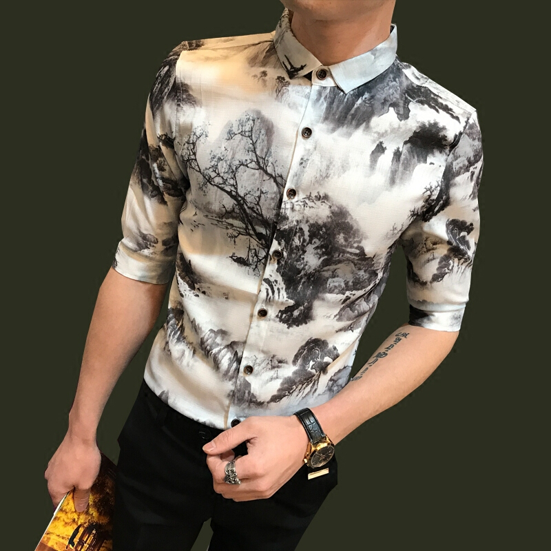 2018夏季新款山水画中国风中式衬衫男士青年韩版修身印花半袖衬衫军绿色泰-1102
