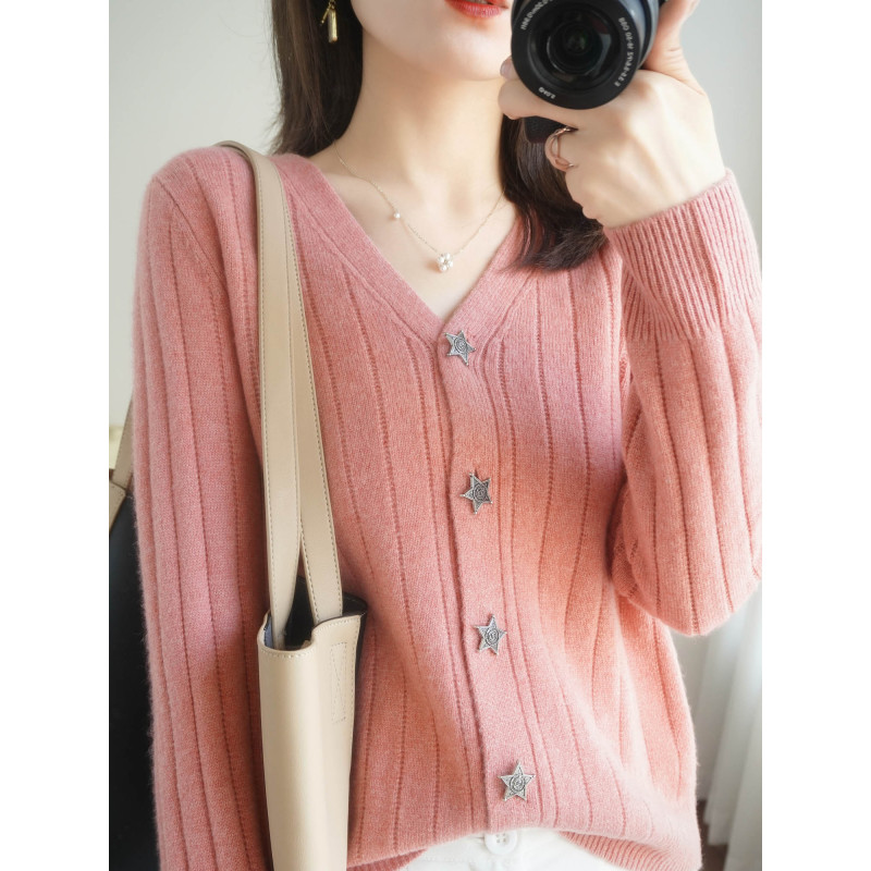 suntek秋冬女士外搭针织开衫v领外套毛衣新款宽松时尚短款非打底衫