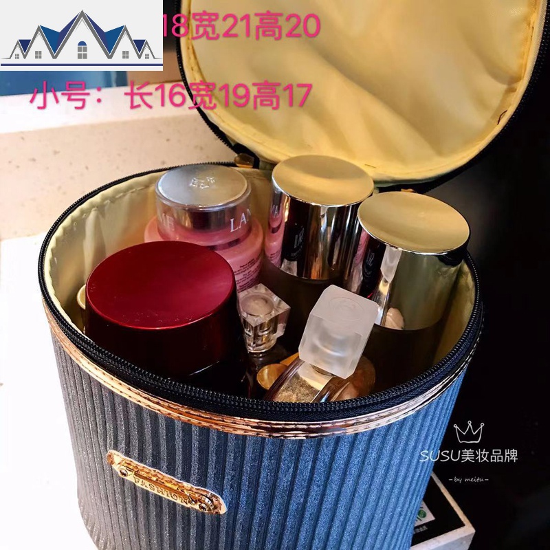 化妆箱手提大容量ins风绒布条纹化妆包 网红金边便携品2019收纳盒 三维工匠收纳包高清大图
