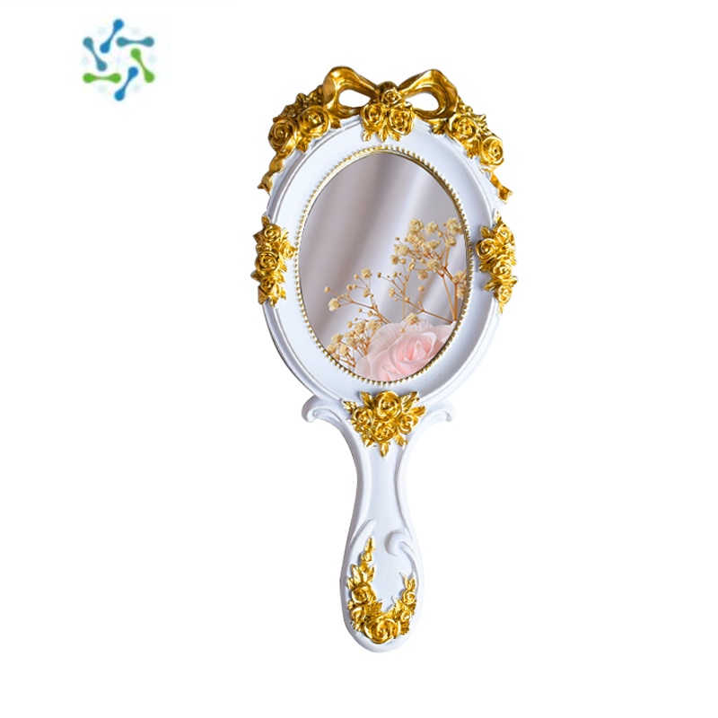 三维工匠创意复古欧式手持化妆镜木质手柄镜子学生镜公主镜美容院花纹