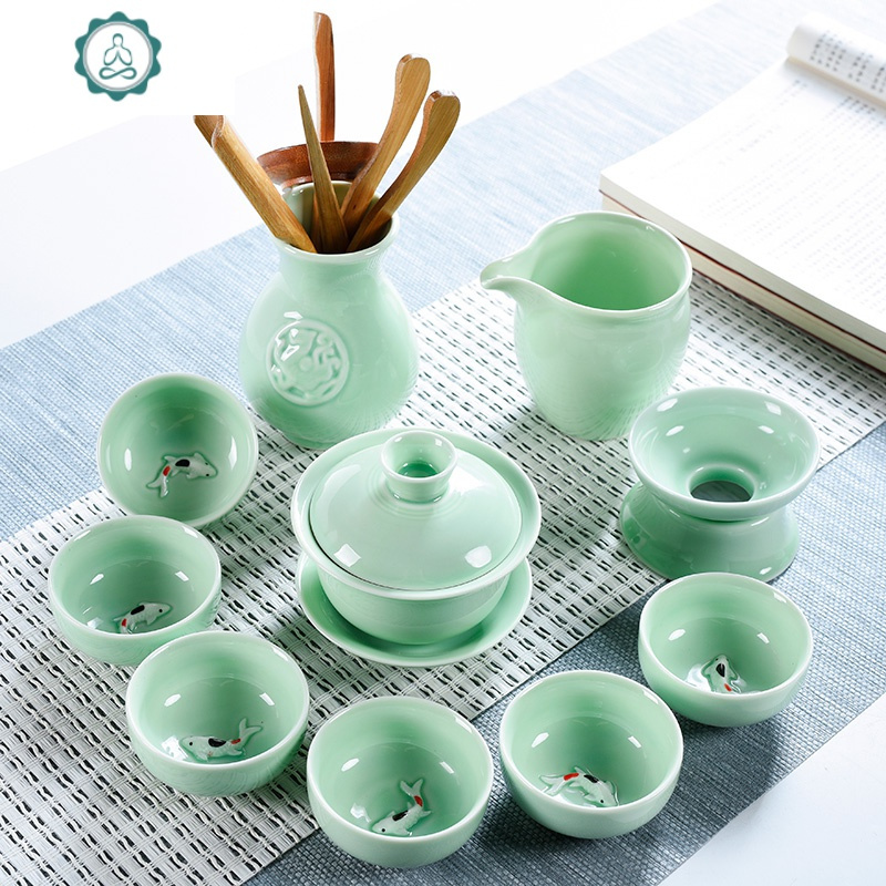 家用小茶杯鲤鱼茶碗简约青瓷鱼功夫茶具套装陶瓷茶壶盖碗茶道 封后 cx