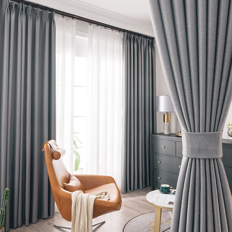 幸福派遮光窗帘北欧简约现代棉麻挂钩窗帘加厚打孔窗帘飘窗客厅帘子
