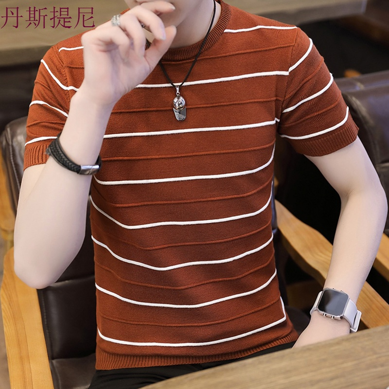 条纹针织小衫男士圆领修身潮流短袖T恤个性夏季2018新款衣服潮牌