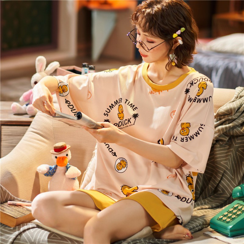 suntek睡衣女夏季薄款短袖短裤可爱日系韩版宽松大码韩版家居服两件
