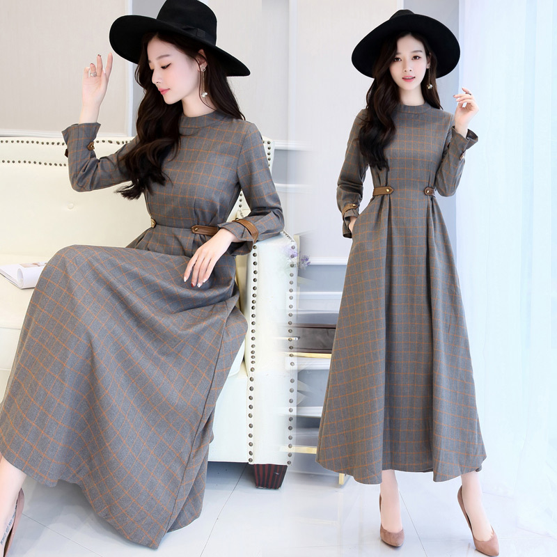 女士秋装新品文艺格子连衣裙女中长款长袖复古女神范修身显瘦裙子
