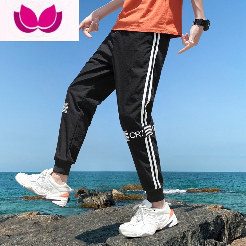 七斓冰丝裤子男士韩版新款潮流夏季男裤宽松速干九分裤运动裤休闲长裤 2XL 7002黑色