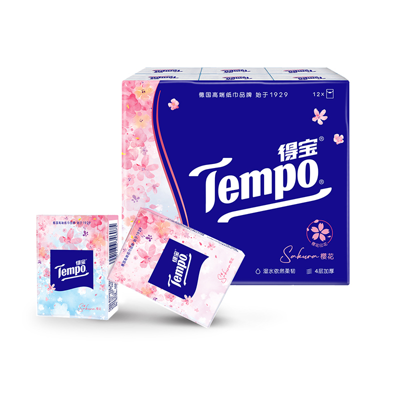 Tempo得宝樱花味迷你手帕纸7片12包纸巾 4层加厚外出迷你便携小包装有香卫生纸餐巾纸(新旧包装交替发货)