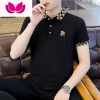 七斓夏季冰丝棉衫男短袖韩版修身翻领半袖青年潮牌有领T恤翻季青 L P0089黑色