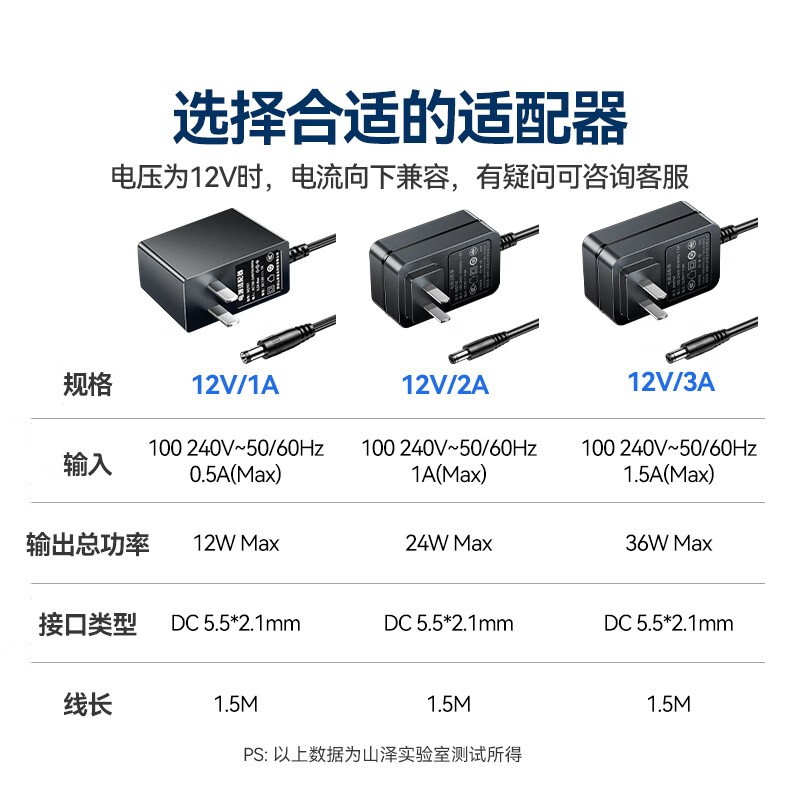 山泽12V/2A电源适配器1.5米通用 DC圆孔电源充电线DQT02高清大图