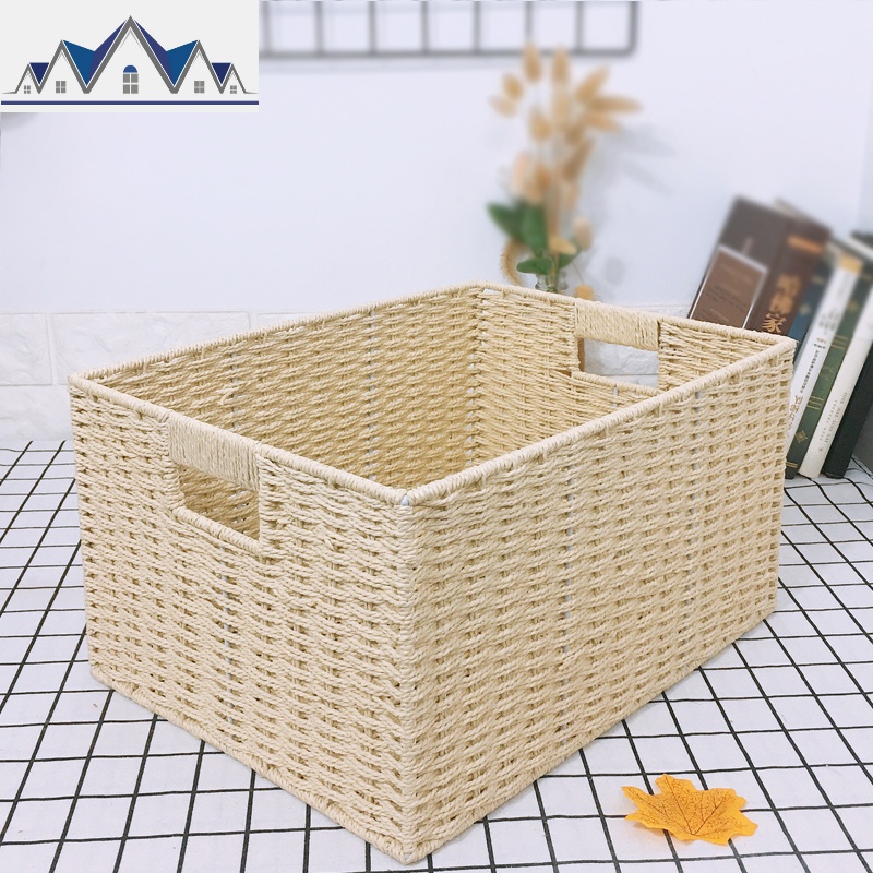 编织收纳筐家用桌面钥匙篮玩具零食收纳盒杂物储物篮子藤编编框 三维工匠收纳篮 两扣手中号米色40*30*21（无内衬布）