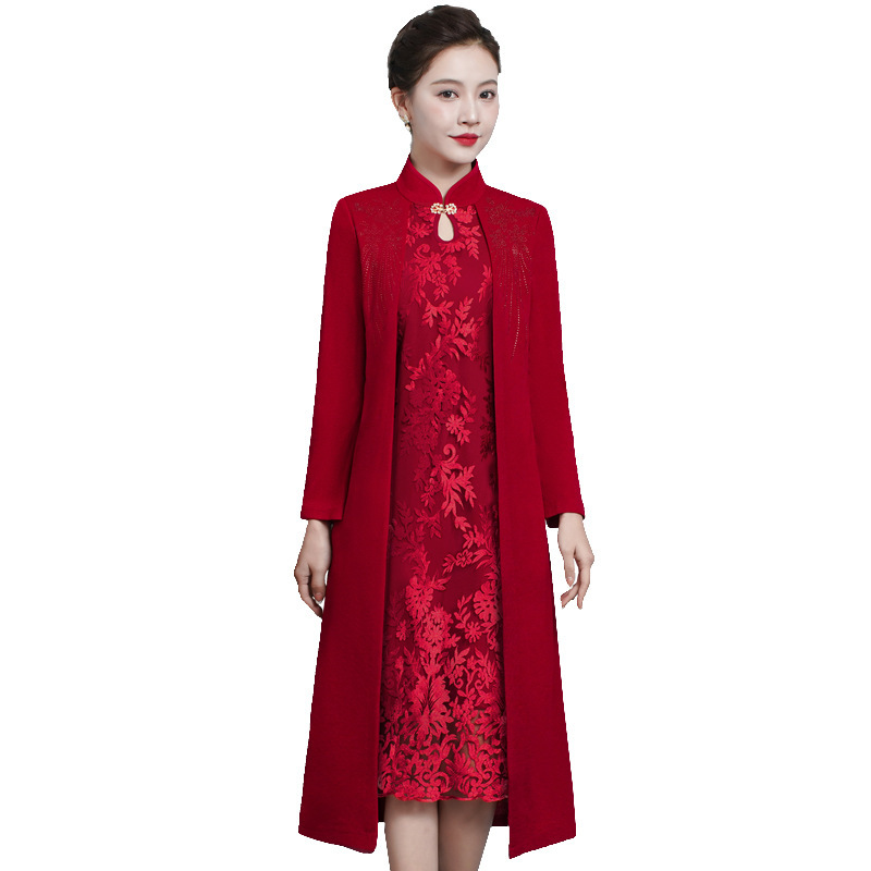 婚礼妈妈装春季新款连衣裙假两件中长款本命年衣服喜婆婆婚宴旗袍