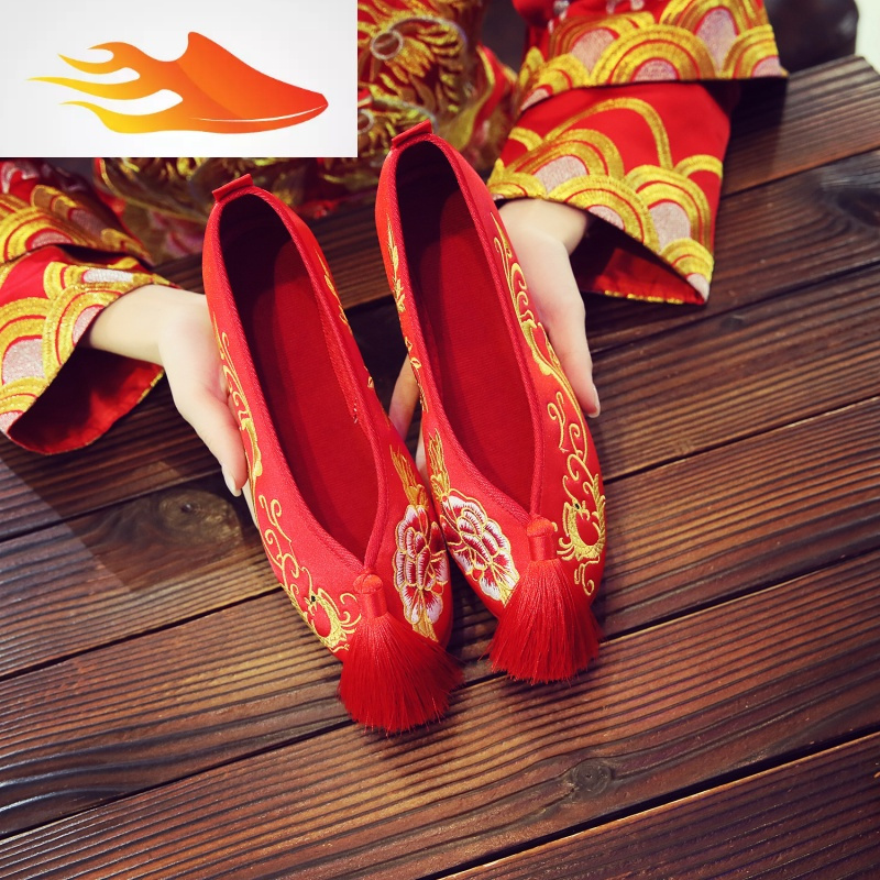 fishbasket红色绣花鞋新娘婚鞋中式礼服秀禾鞋结婚千层底流苏女鞋休闲