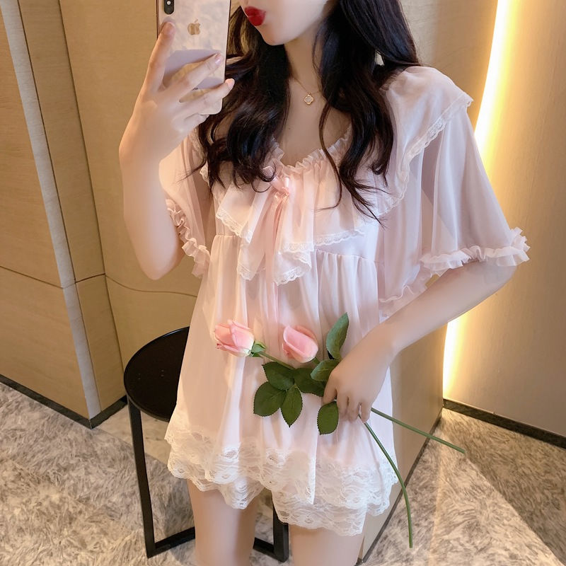 大码女装2021夏季新款胖妹妹mm网纱睡衣可爱蕾丝短袖家居服套装 粉色套装 M [建议100以内]