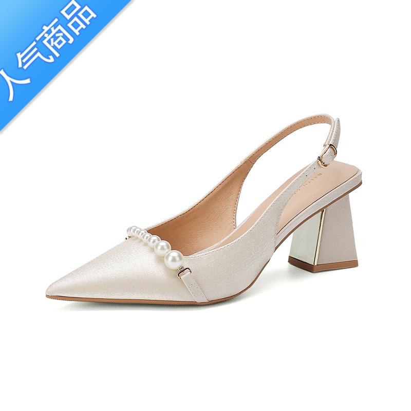 SUNTEK法式缎面高级感夏季旗袍高跟鞋女白色粗跟单鞋包头凉鞋婚鞋新娘鞋高清大图