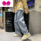 七斓美式hiphop裤子男潮复古烟灰色牛仔裤男宽松直筒oldschool裤