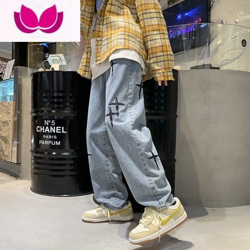 七斓美式hiphop裤子男潮复古烟灰色牛仔裤男宽松直筒oldschool裤图片