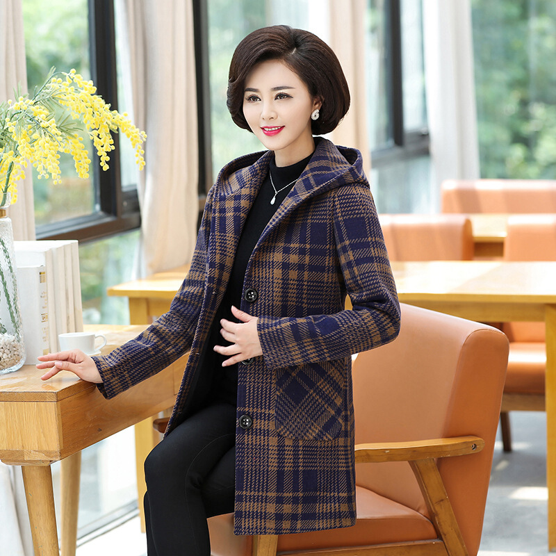 迪鲁奥(DILUAO)授权店铺妈妈装中老年女装秋冬呢子40-50岁中年妇女格子外套 三号咖啡格 XL95-110斤穿