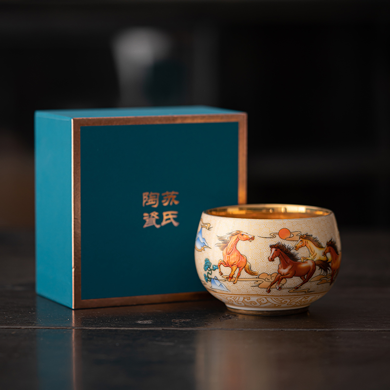 苏氏陶瓷(SUSHI CERAMICS)鎏金八骏主人杯品茗杯个人功夫茶杯陈国再老师作品高清大图