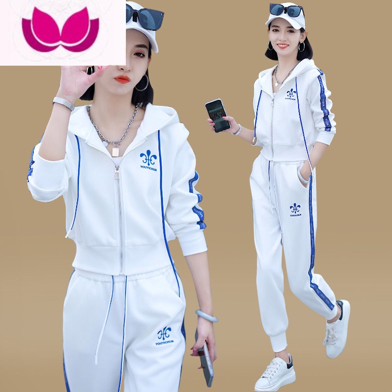 七斓卫衣套装女2023新款减龄显瘦时尚气质休闲运动服女装套 XL 白拼蓝套装