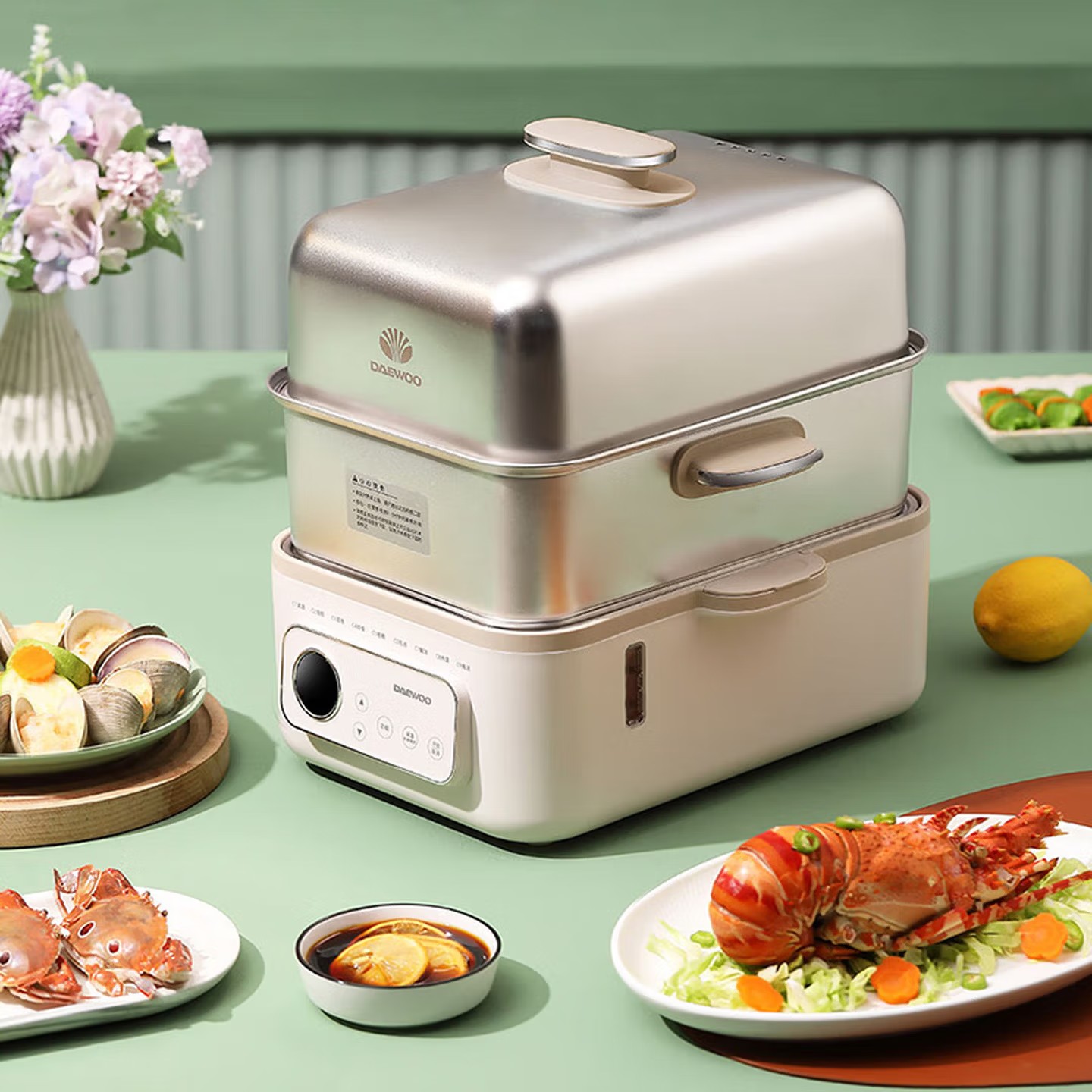 大宇(DAEWOO)12L家用多功能电蒸锅大容量双层不锈钢蒸炖可预约保温蒸锅 DYZG-1568 流苏白高清大图