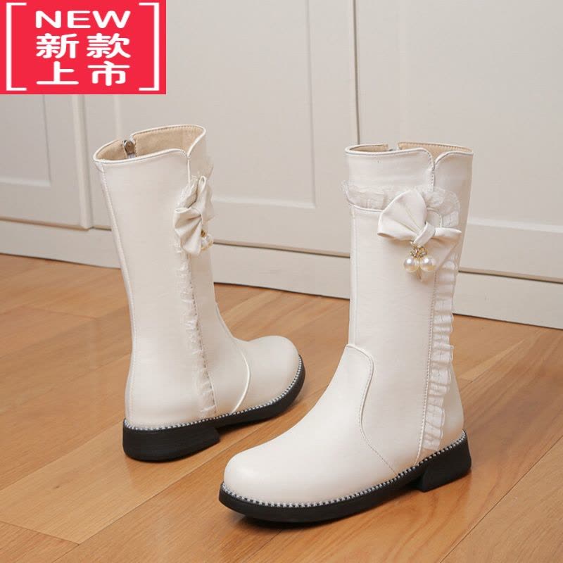可莉允女童靴子中筒靴冬款儿童公主靴蝴蝶结加绒小女孩皮靴棉靴春秋单靴图片