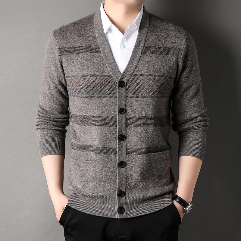 恒源祥品牌新款男装服饰100纯羊毛衫男士开衫针织衫中年男式毛衣外套