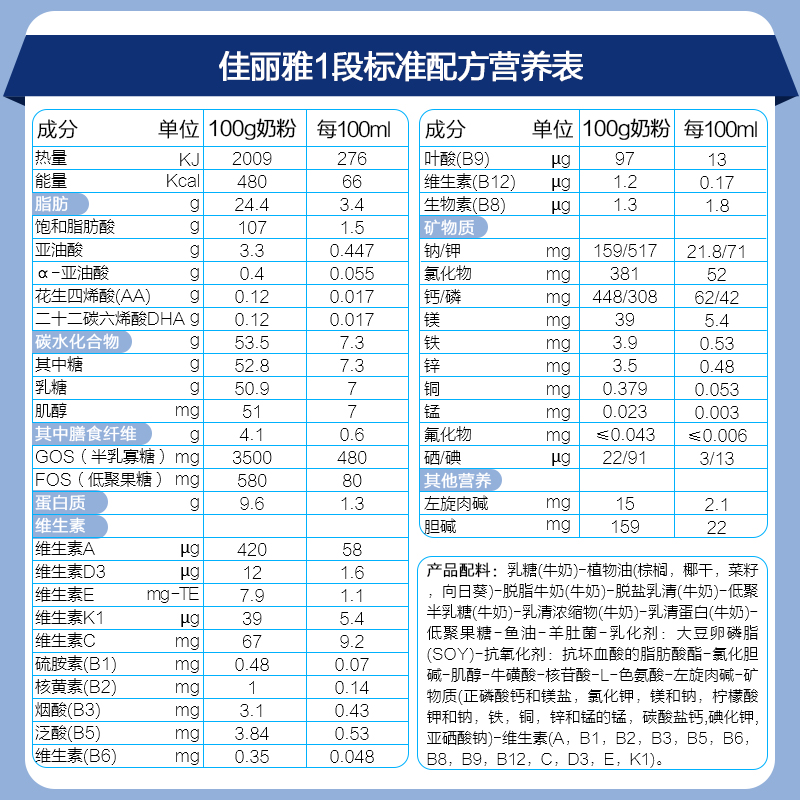 法国进口 佳丽雅Gallia 1段奶粉 经典配方奶粉0-6个月830g高清大图