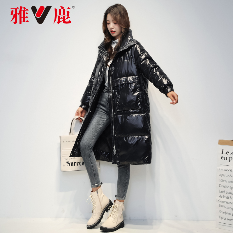 雅鹿羽绒服2020新款冬季韩版亮面翻领中长款过膝修身防寒厚外套DS