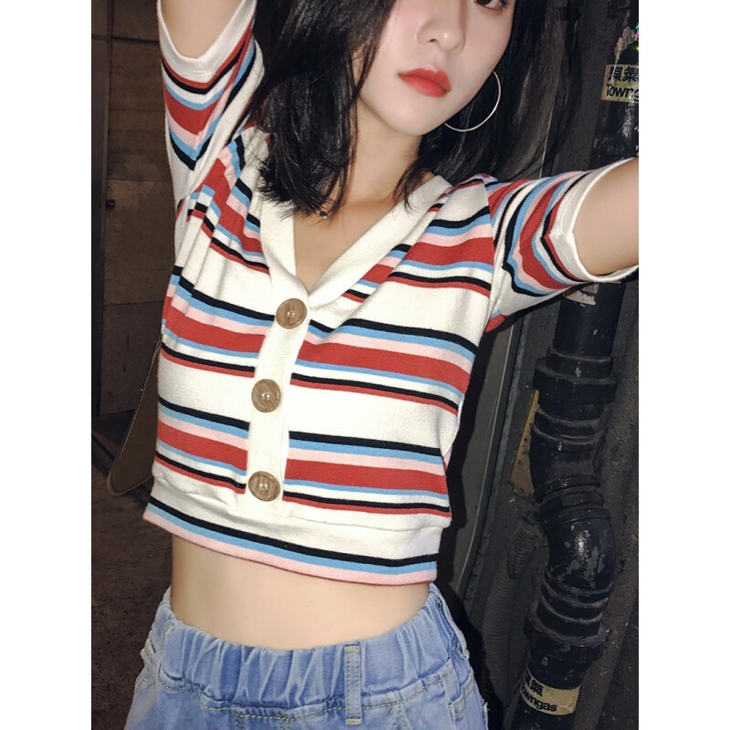 毛针织衫女夏季v领薄款短袖上衣空衫chic条纹短款露脐修身开衫图片色