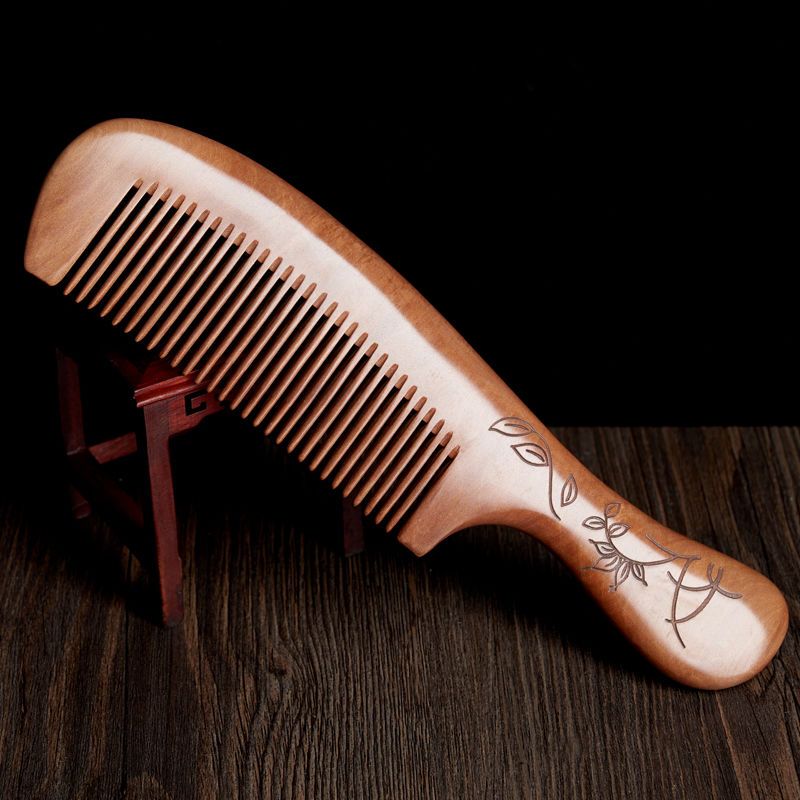 郎府木梳老桃木长柄木梳子古典单面雕花加长细齿密齿家用梳顺发梳