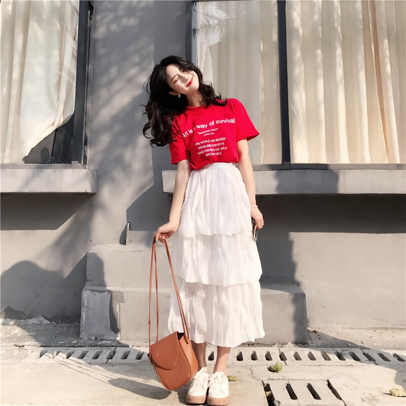 夏季褶皱奶油裙高腰仙女文艺少女显瘦中长款ins原宿风半身裙学生yy 白色 均码