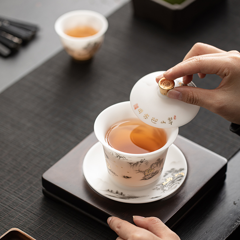 苏氏陶瓷(SUSHI CERAMICS)素烧羊脂玉瓷翠山迎客一碗两杯国家一级技师王文克老师作品