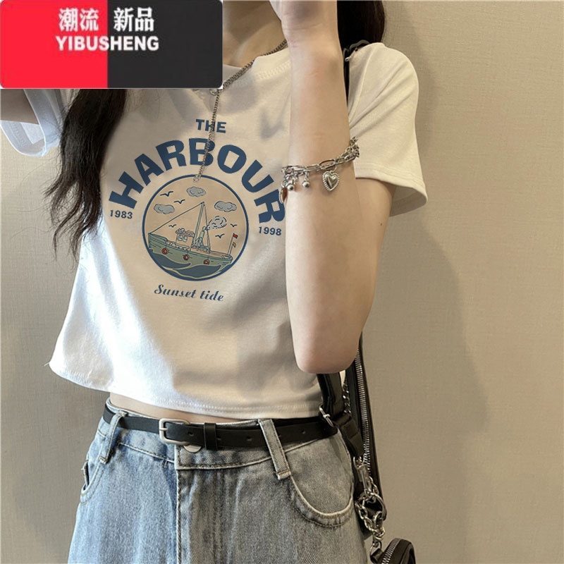 YIBUSHENG短款修身正肩短袖T恤女2023装新款欧货气质感上衣辣妹小妹高清大图