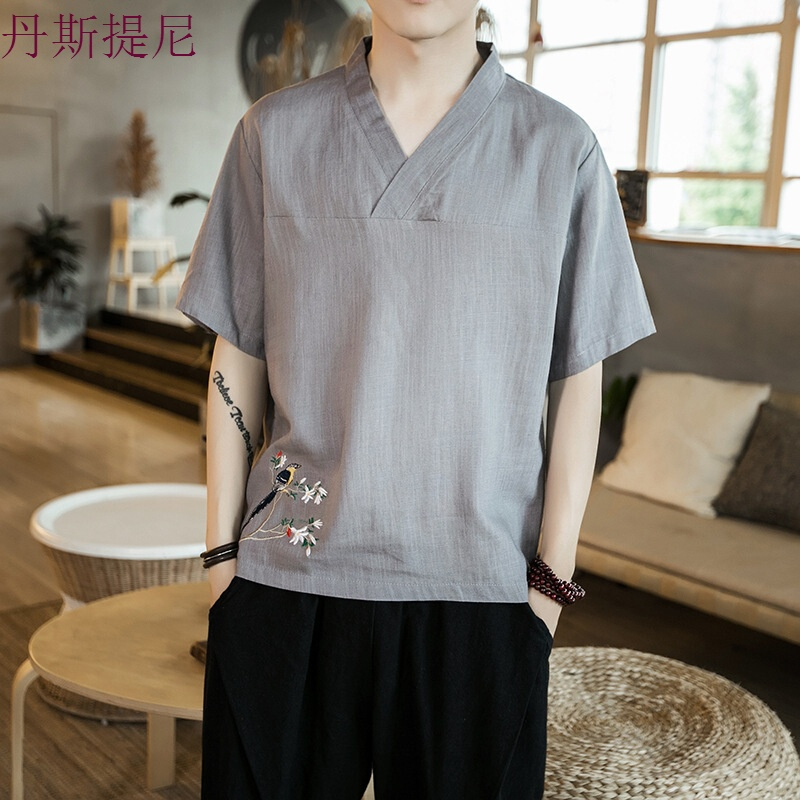 2018新款夏季薄款棉麻半袖男中国风刺绣亚麻短袖男士五分袖T恤潮