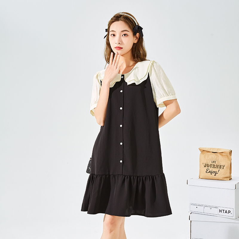 [2.5折价84元]唐狮夏季新款女假两荷叶领连衣裙甜美显瘦中长款小黑裙女