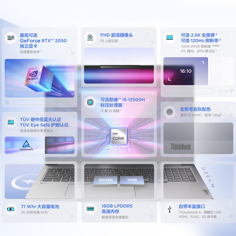 联想ThinkBook 16+ 英特尔酷睿i5 笔记本电脑 全新2022款 16英寸标压轻薄本(i5-12500H/16G/1T/锐炬Xe显卡/2.5K)