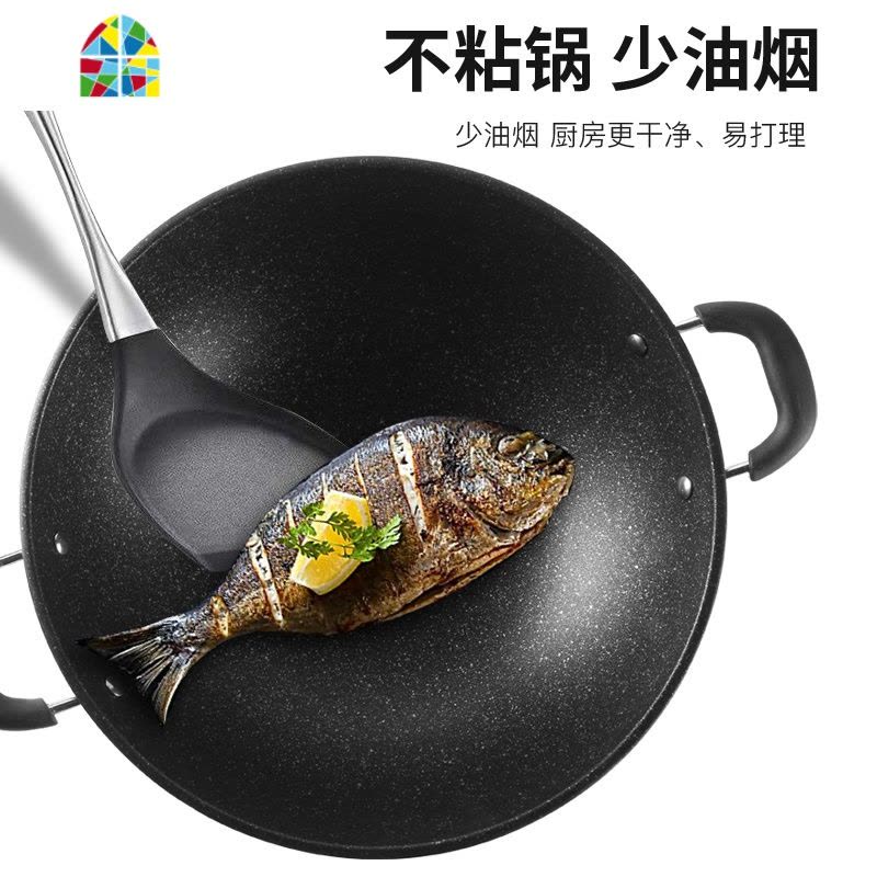 乐尚耐炒锅不粘锅双耳圆底炒锅少油烟不生锈铁锅炒菜锅燃气灶适用 FENGHOU 42cm+硅胶铲+赠品图片